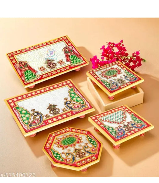 Pack of 5 Floral‑Design Marble Chowkis (4″×4″ & 6″×6″) with Intricate Inlay Work – Elegant Pooja/Decor