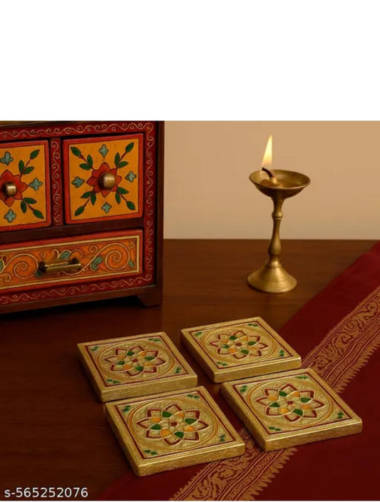 Handicraft 3/3 Flower Design Wooden Chowki Set – 4 Piece Decorative Bajot/Patla for Pooja, Home Décor, Gift Purpose (Flower, Kalash, Swastik Design