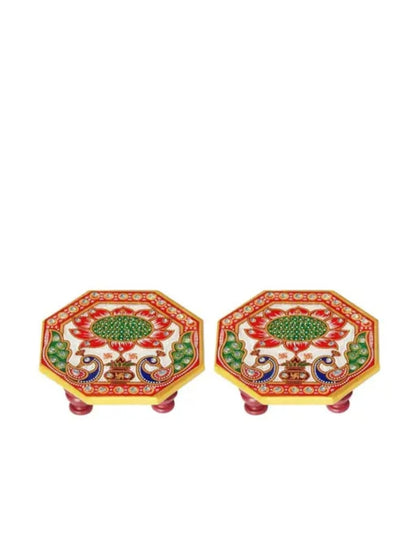 Marble Pooja Chowki peacock design for Ganesh Ji | Handcrafted handpainted puja Chowki for God Mandir, Idols Sitting, Pratima Murti, Bajot, Mandir decoration (Pack of 4)