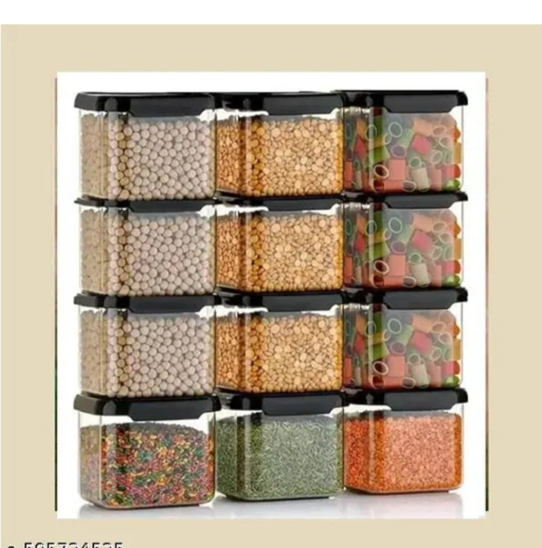 Airtight Plastic Square Container Set for Kitchen Storage (500ml -- 12 pcs ) Containers| Kitchen Storage jar , Grocery Storage Air Tight Lid Jar and Container ( pack of 12 -- Black)