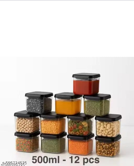 Airtight Plastic Square Container Set for Kitchen Storage (500ml -- 12 pcs ) Containers| Kitchen Storage jar , Grocery Storage Air Tight Lid Jar and Container ( pack of 12 -- Black)