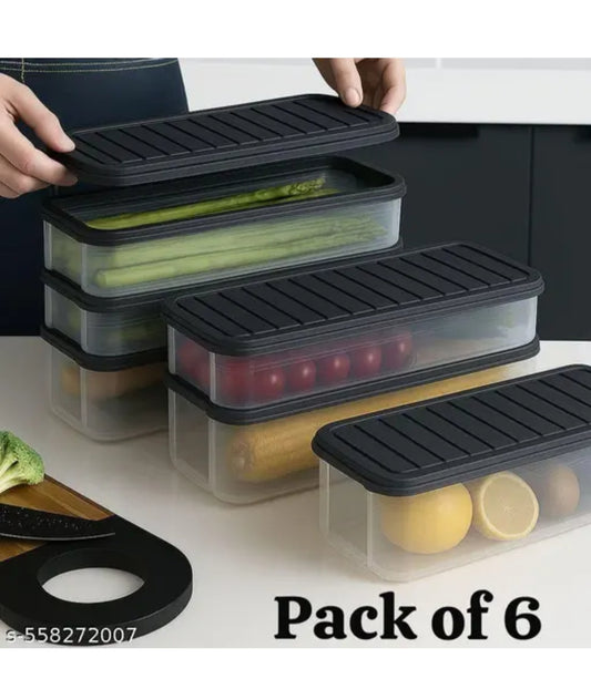 (SET OF 6) ridge Storage Boxes Fridge Organizer with Removable Drain Plate and Lid Stackable Fridge Storage Containers Plastic Freezer Storage Containers for Fish, Meat, Vegetables, Fruits (Grey, transparent)