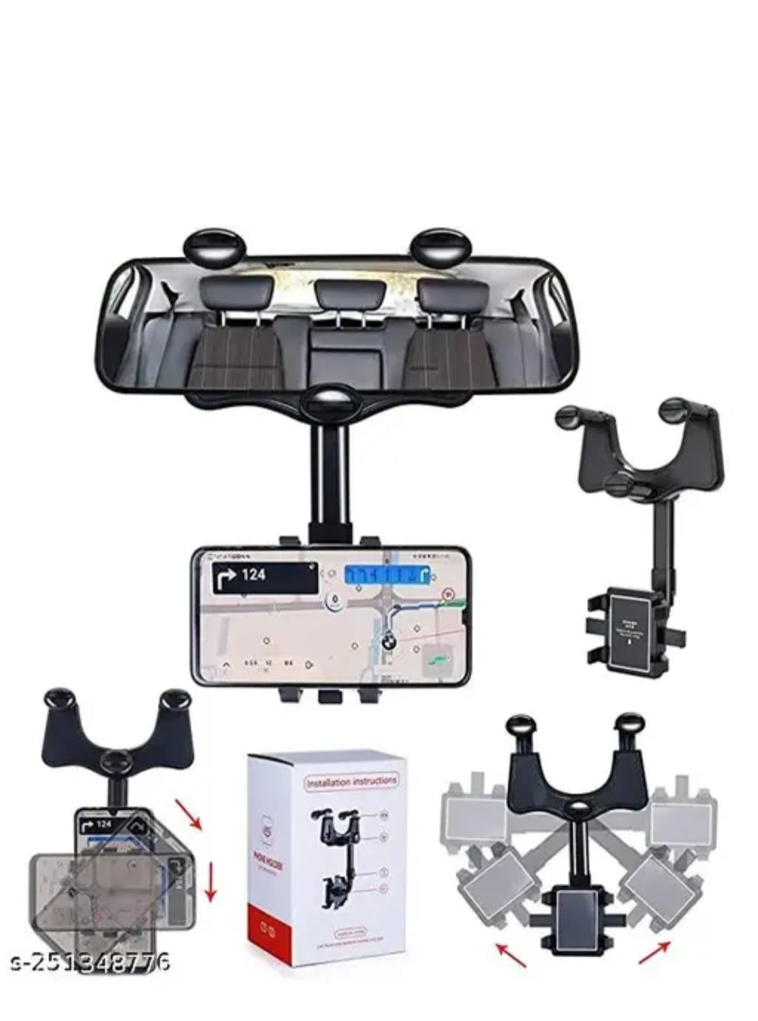 XGMO®360 Degree Car Rear View Mirror Mobile Phone Holder Mount Stand Compatible with All Smartphones