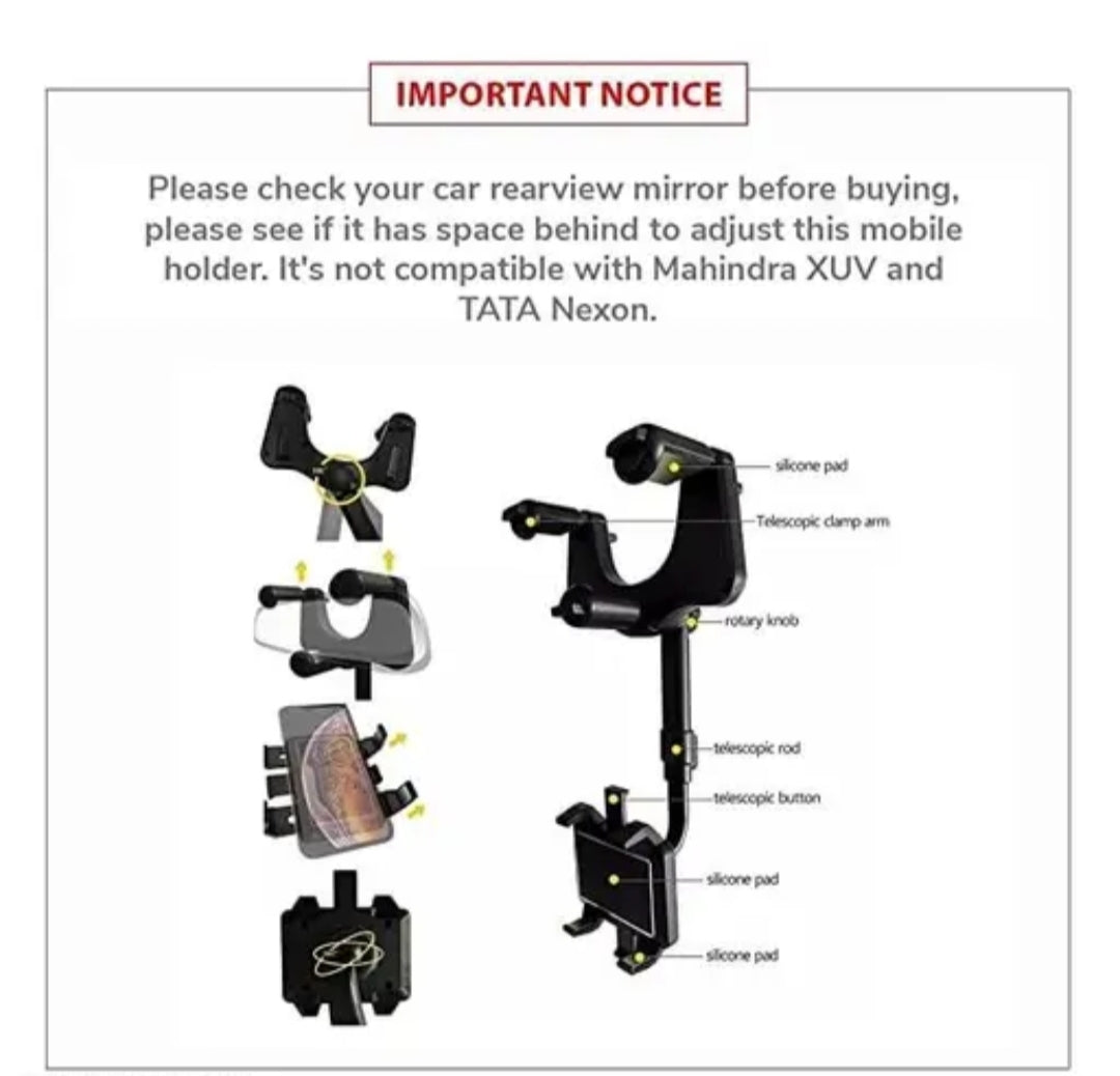 XGMO®360 Degree Car Rear View Mirror Mobile Phone Holder Mount Stand Compatible with All Smartphones