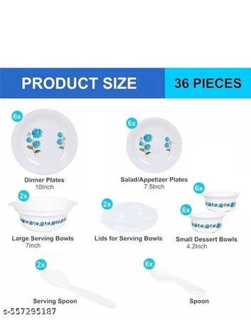 Unbreakable Plastic Light Weight Dinner Set of 36 pcs 6 Full Plates, 6 Quarter Plates, 12 Veg Bowls, 2 Serving Bowl with 2 lids. 2 Serving Spoons and 6 Spoons
