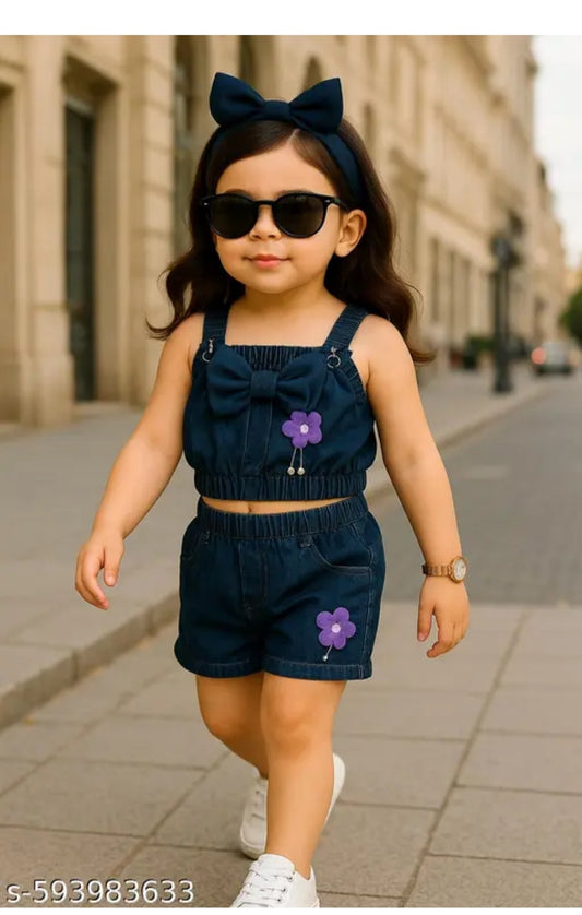Trendy Baby Girl Denim Bow Top & Shorts Set – Stylish Summer Outfit for Kids