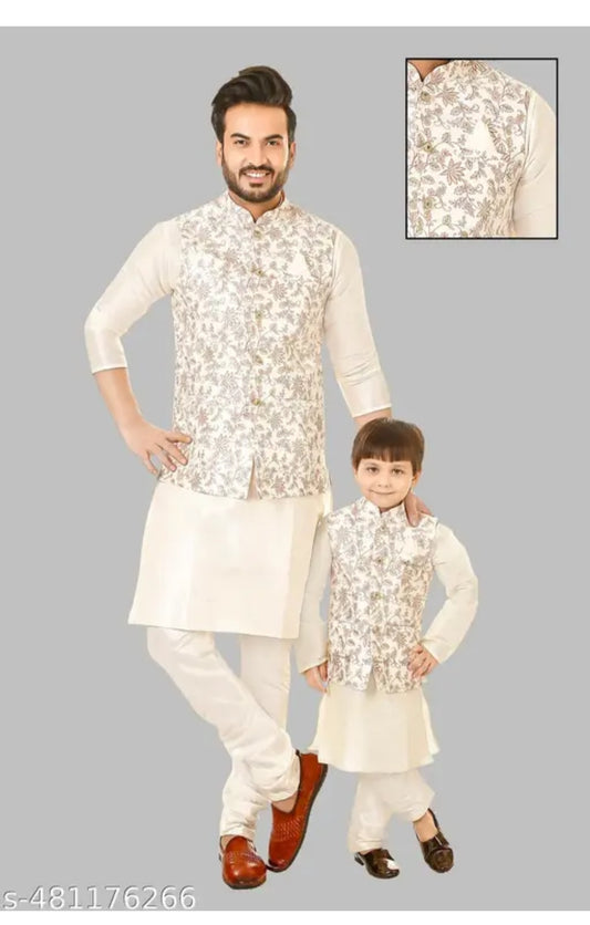 Ivory Floral Orange Mix Nehru Jacket with Kurta Set for Kids