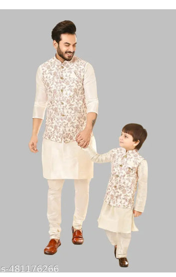 Ivory Floral Orange Mix Nehru Jacket with Kurta Set for Kids
