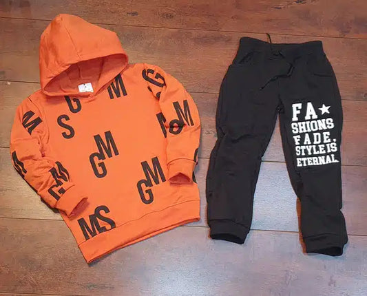 Boys Full Sleeves Hooded Tracksuit - Orange & Black (Ages From 3 to 8 Years)