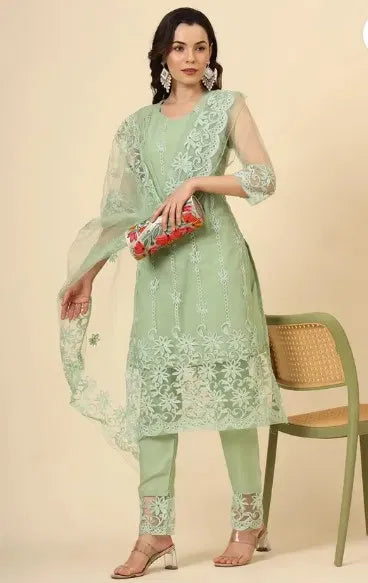 Women’s Net Kurta Set with Dupatta & Bottomwear – Elegant Ethnic Ensemble