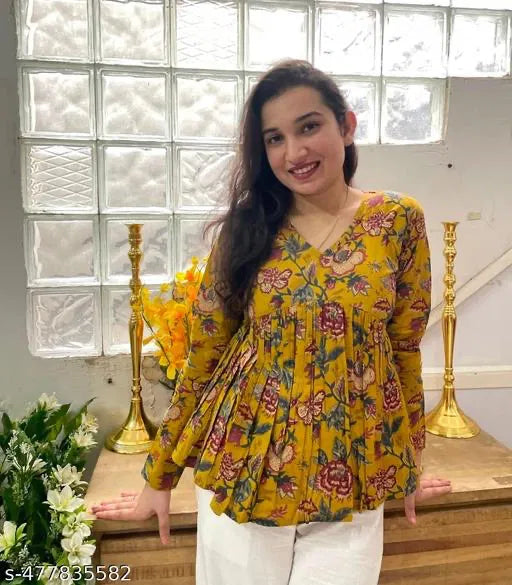 Floral Vibe Mustard Empire Top – Effortless Elegance for Everyday Chic
