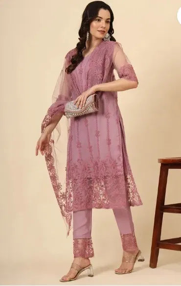 Women’s Net Kurta Set with Dupatta & Bottomwear – Elegant Ethnic Ensemble