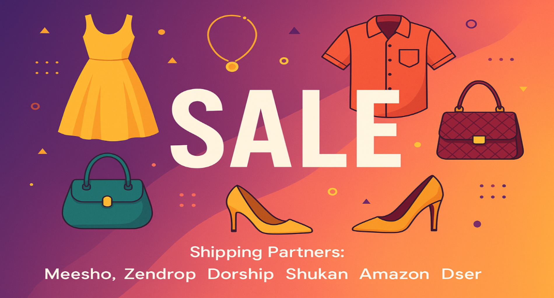 Make a sale banner for clothes, footwear, Accessories and also mentioned that "shipping partner: Meesho, Zendrop, Dorship, Shukan, Amazon, Dser" and also be unique and not animated
