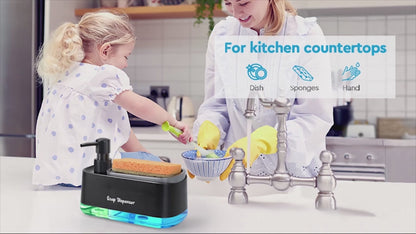 3 in 1 Soap Pump Dispenser Dish Soap Liquid Dispenser Sponge Holder Dish Soap Pump Dispenser for Kitchen Sink Countertop Kitchen Bathroom (Purple)