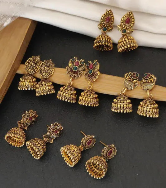 Premium Gold Plated Brass Fancy Earrings – Set of 6 Elegant Daily & Party Wear Jhumkhas