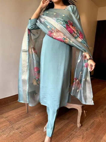 Women's Attractive Rayon Slub Embroidered Kurta Pant Set with Dupatta