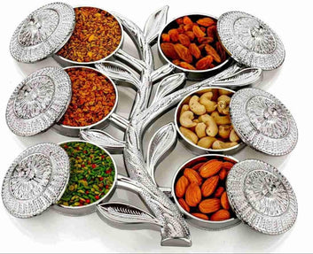Multipurpose Tree Shape Silver Masala & Dry Fruit Storage Box – 6 Section Royal Design Organizer