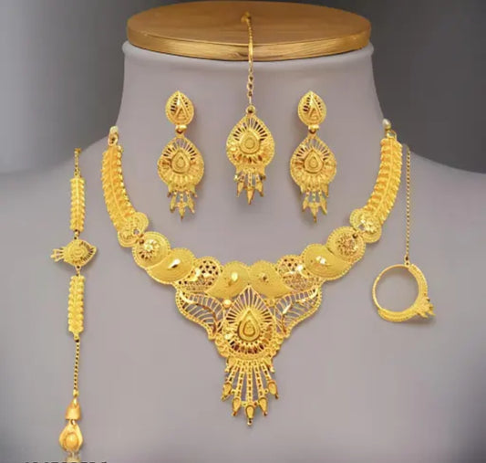 Premium Gold-Plated Bridal Jewelry Combo Set – Necklace, Earrings, Maangtika, Nath & Bajuband (Full Traditional Pack)