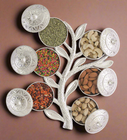Multipurpose Tree Shape Silver Masala & Dry Fruit Storage Box – 6 Section Royal Design Organizer