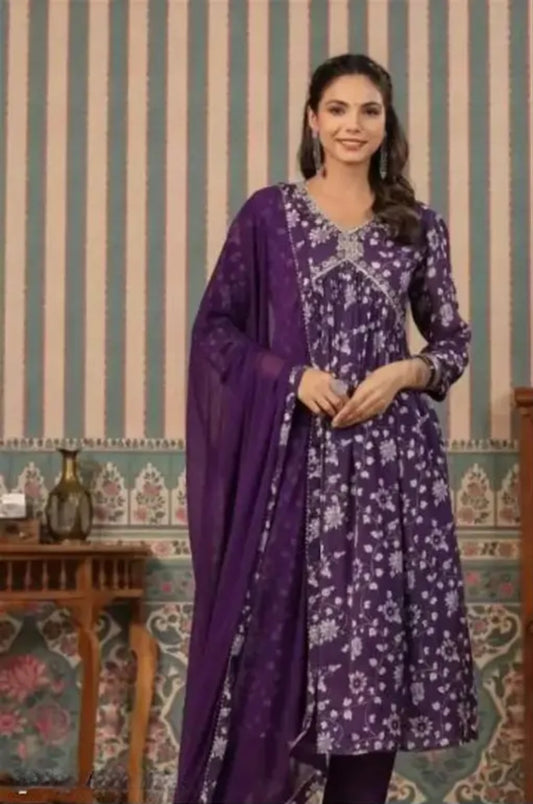 Women Floral Printed Aaliacut Kurta, Pant and Dupatta Set