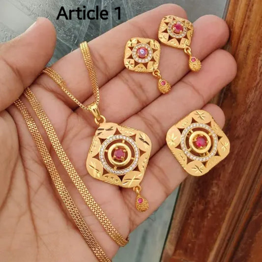 Premium Gold Plated Pendant, Earrings & Adjustable Ring Combo | 24-Inch Chain Set