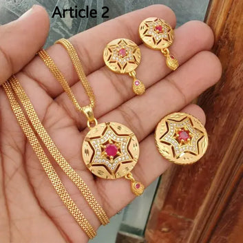 Premium Gold Plated Pendant, Earrings & Adjustable Ring Combo | 24-Inch Chain Set