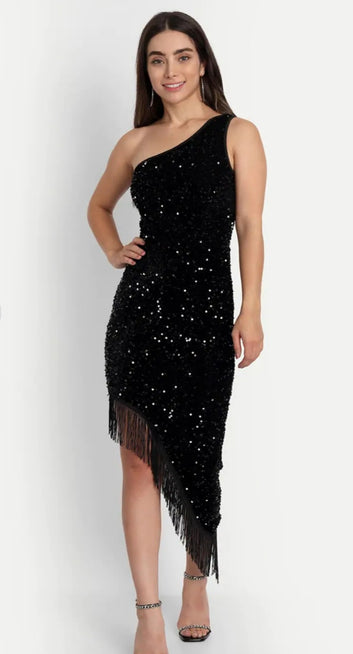 Midnight Allure One-Shoulder Sequin Dress – Glamour Redefined